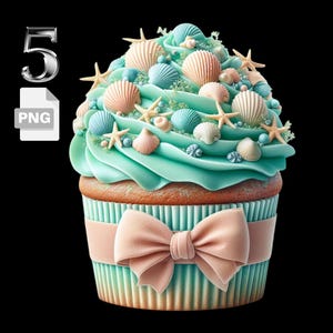 Seashell Ocean Cupcake Clipart – Summer Beach Cupcake PNG transparente para Scrapbooking, Junk Journals, Cartões e Artesanato – Download instantâneo