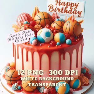 Clipart de bolo de aniversário esportivo, 12 pacotes de clipart de bolo esportivo, bolo de aniversário com tema esportivo, bolo de festa de aniversário esportivo fofo em aquarela PNG