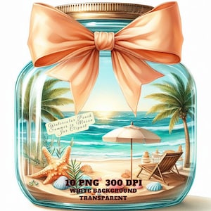 Clipart de acuarela de verano en tarro de cristal, escena de playa PNG, lindo arte de tarro para verano PNG, clip art de verano costero, decoración, manualidades, uso comercial