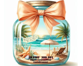 Aquarel zomer clipart in Mason Jar, strandscène png, schattige pot kunst voor zomer png, kust zomer illustraties, decor, ambachten, commercieel gebruik