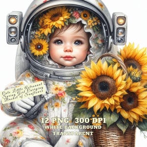 Sonnenblume Frühlingsmädchen Clipart, niedliches kleines Astronaut Frühlingsmädchen, das Korb der Sonnenblume trägt, 12 hochwertige PNG, Junk Journal, kommerziell