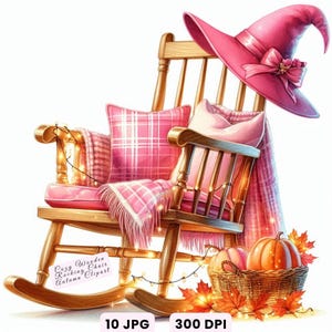 Cozy Autumn Clipart, 10 Autumn Rocking Chair Clipart, Watercolor Witch Hat Pink Plaid Digital Download, Commercial Use JPGs, Crafts, Decor