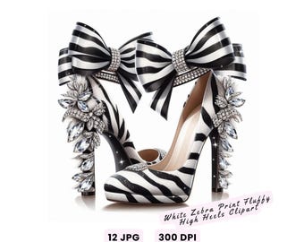High Heels Clipart, Animal Print High Heel Clipart, White Zebra Print Fluffy High Heels Clipart, Fluffy White Stilettos Fashion Art, Crafts