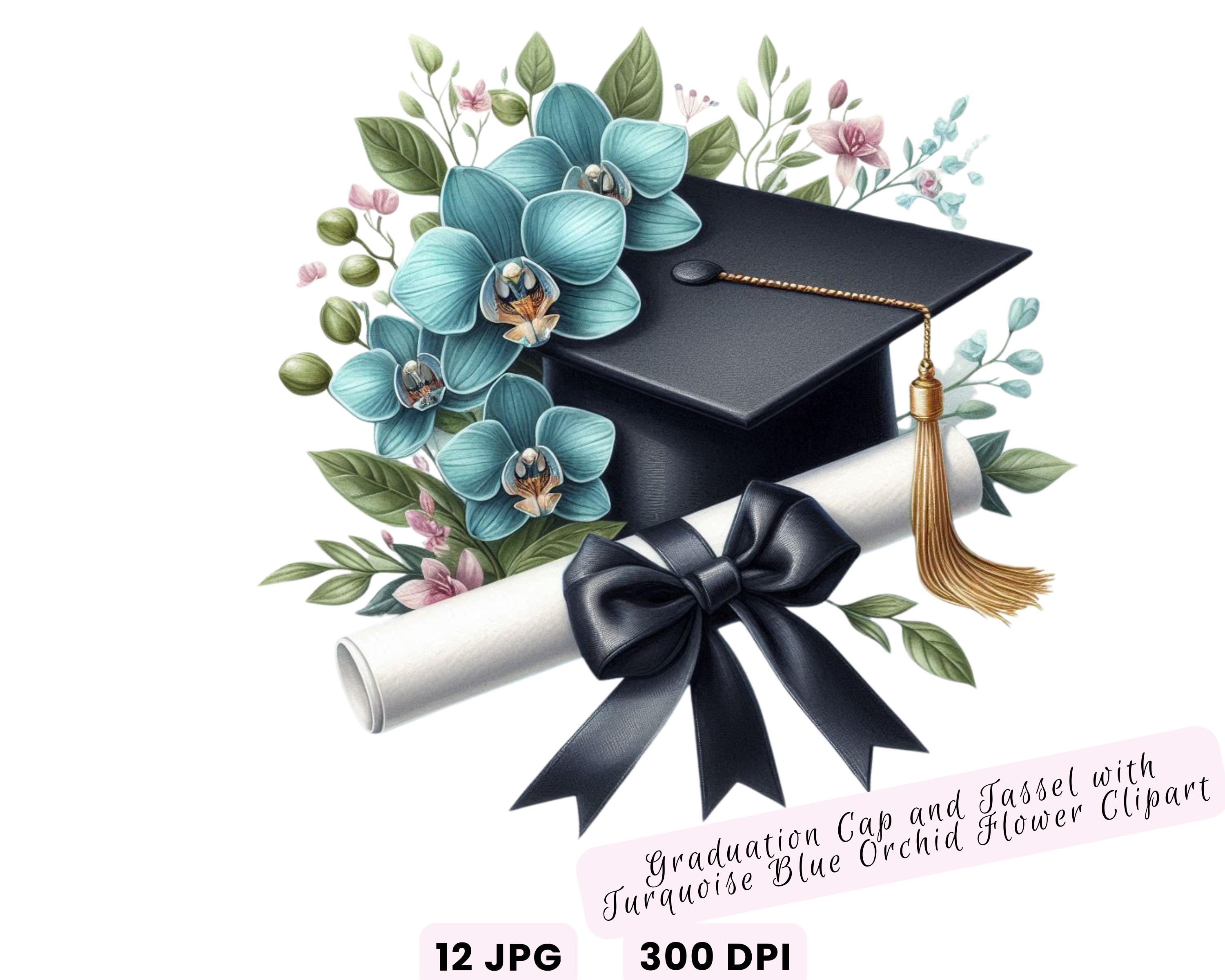 Watercolor Diploma and Cap With Flower Clipart, Graduation Clipart ...