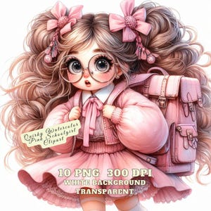 Pink School Girl Clipart PNG, Back to School PNG, Quirky Watercolor Back to School Bundle – 10 Cute Schoolgirl Illustrations, Commercial Use