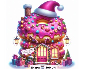 Winter House Clipart, Christmas House Clipart, Pink Christmas Donut House Clipart, Watercolor Holiday Cottagecore JPG Files Digital Download