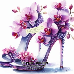 Paarse hakken met orchideebloemen en kristallen PNG, elegante hoge hak clipart, fashion design, junk Journal, scrapbooking, digitale download