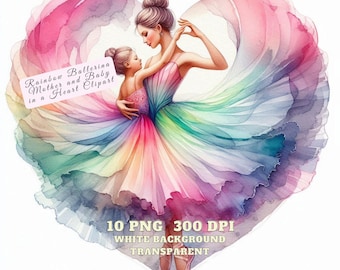 Moeder en baby ballerina clipart, regenboog ballerina moeder en baby in een hart clipart, aquarel Moederdag clipart, mama en baby, mama en baby png