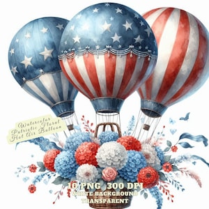 Patriotic Clipart, Watercolor Patriotic Floral Hot Air Balloon, Hot Air Balloons Clipart USA Flag PNG, Junk Journal, Paper Craft, Commercial