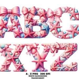 Pink Starfish Alphabet Clipart, Watercolor Ocean-Themed Alphabet Clipart, Marine Nautical Digital Letters PNG, Summer Beach Alphabet Clipart