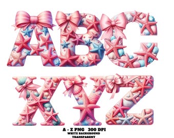 Pink Starfish Alphabet Clipart, Watercolor Ocean-Themed Alphabet Clipart, Marine Nautical Digital Letters PNG, Summer Beach Alphabet Clipart