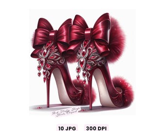 Clipart de tacones altos, clipart de tacones altos rojos y esponjosos, clipart de zapatos esponjosos de alta costura, arte digital de zapatos de moda de alta calidad, manualidades, diario