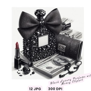 May include: A black perfume bottle with a bow, a black clutch, lipstick, and a stack of US hundred-dollar bills. A black beaded bracelet and small black decorative beads are also present in the image.