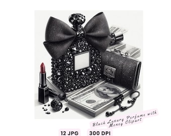 Clipart di profumo di lusso nero con denaro, clipart di set di moda, clipart di profumo, clipart di moda di lusso con denaro contante JPG per artigianato, diario spazzatura