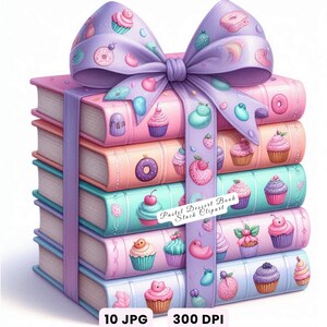 Pile de 10 livres avec noeud Clipart JPG, Pastel Dessert livre pile PNG Kiddie livres Clipart aquarelle décoration de la rentrée en téléchargement numérique