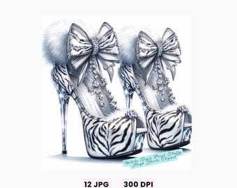 Elegant High Heels Clipart, 12 Animal Print High Heels Clipart, White Tiger Print Fluffy High Heels Clipart, Fluffy Stiletto Heels Clip Art
