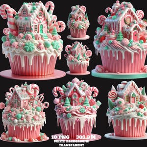 Clipart z babeczką świąteczną, pastelowa babeczka świąteczna Candy House PNG, świąteczna sztuka deserowa, słodka zimowa piekarnia Clipart z wystrojem rzemieślniczym do pobrania cyfrowego