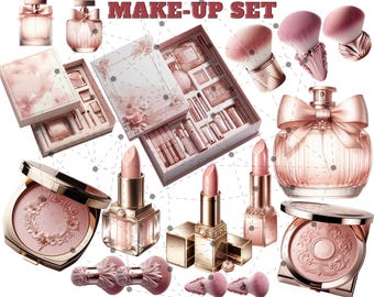 Watercolor Makeup Clipart, Elegant Pink Makeup Kit Set Clipart, Cosmetic JPG, Beauty Kit Accessories, High-Res Watercolor for Crafts Journal