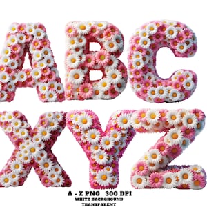 Blumenalphabete, Gänseblümchen Alphabet Clipart, rosa und weißes Gänseblümchen Alphabet Clipart, Blumenbuchstaben PNG, niedliche Blumenschrift, Hochzeitsmonogramm-Set