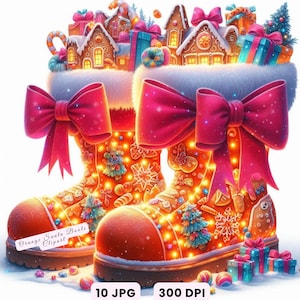 クリスマスのクリップアート、サンタクロースのクリップアート、水彩ネオンオレンジのサンタブーツのクリップアート。クリスマスのお祝いシーンのデジタルダウンロード（商用利用可）