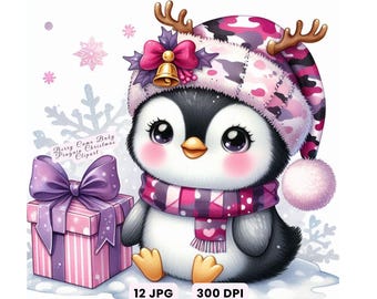Christmas Animal Clipart, Winter Penguin Christmas Clipart, Watercolor Holiday Art, Digital Download, Commercial Use, Crafts, Decor, Journal