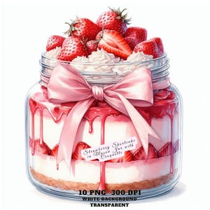Strawberry Shortcake Clipart: Coquette Bow Mason Jar Dessert (PNG Digital Download)