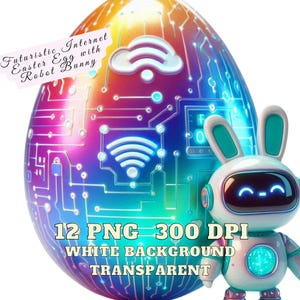 Puede incluir: Ilustración digital de un huevo de Pascua futurista con un conejo robot. El huevo está decorado con patrones de circuitos y símbolos de Internet. El conejo robot es blanco con detalles azules. El texto en la imagen dice "Futuristic Internet Easter Egg with Robot Bunny."