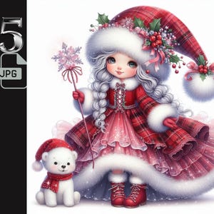 Gnomo rojo de invierno con oso polar, clipart de gnomo navideño, gnomo festivo en formato JPG, clipart de país de las maravillas invernal, proyectos de bricolaje