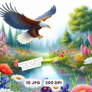 Landscape Garden Clipart, Watercolor Garden Eagles Clipart, Whimsical Fantasy Art, Digital Download For Wall Art, Crafts, Decor Junk Journal