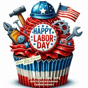Könnte beinhalten: Ein rot-weiß-blauer Cupcake, verziert mit Werkzeugen, einem Bauhelm und einer amerikanischen Flagge. Der Cupcake hat eine weiße Frosting-Basis mit roten und blauen Frosting-Wirbeln. Der Cupcake ist mit einem rot-weiß-blauen Frosting-Kreis mit den Worten "Frohes Arbeiterfest" in Weiß gekrönt.