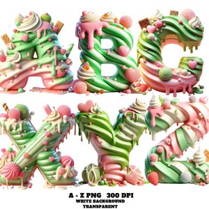 Alfabeto PNG, letras de helado de fresa y matcha (A-Z), fuente de postre derretido, letras de dulces kawaii, lindo clipart 3D verde y rosa