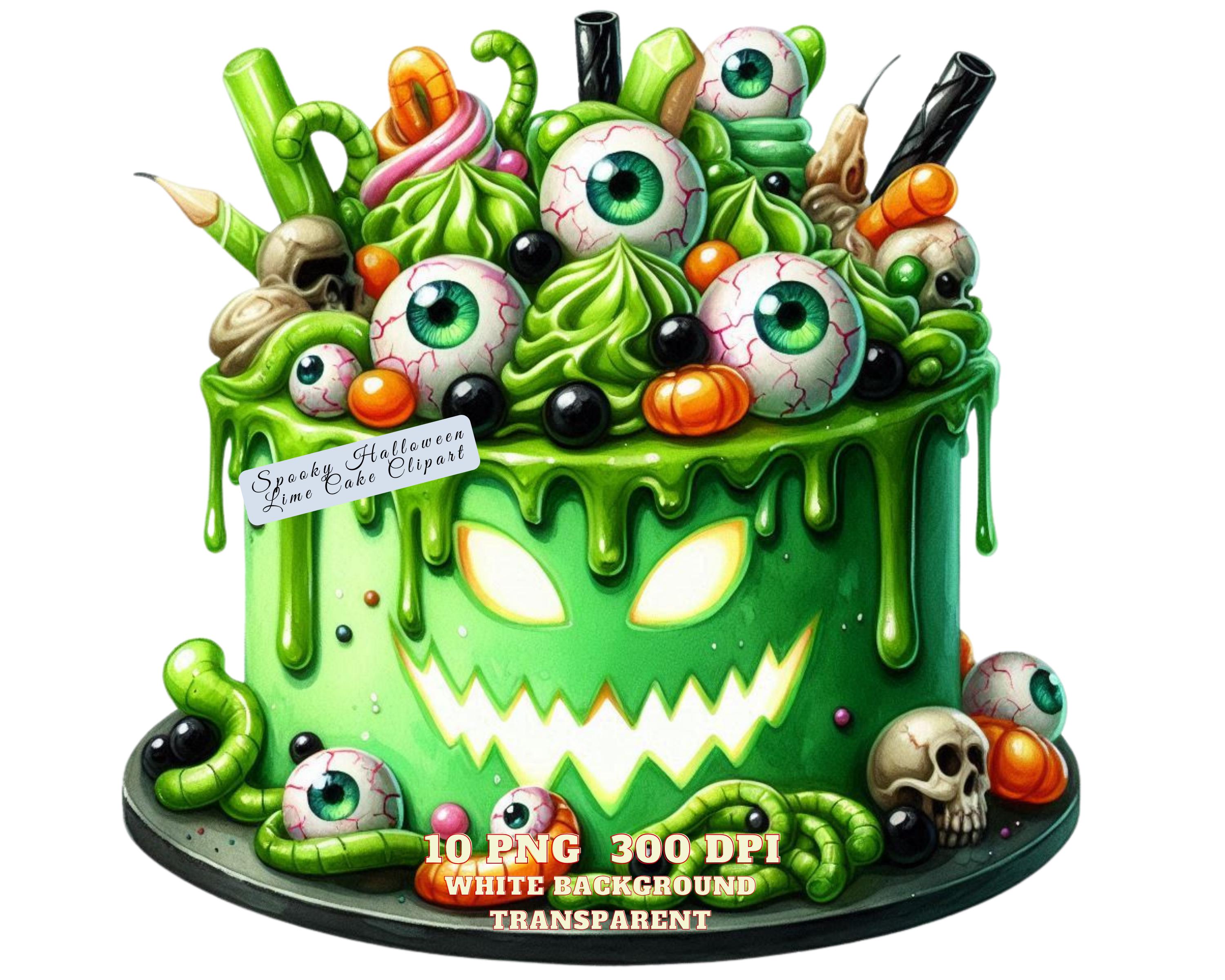 10 halloween cake clipart, griezelige halloween limoen cake clipart, griezelige oogbollen en wormen png, digitale download voor ambachten, decor, junk Journal