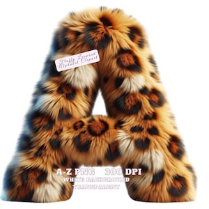 Alfabeto leopardato soffice, lettere con stampa leopardata, carattere animale peloso, lettere safari selvaggio, pacchetto PNG, sfondo trasparente download digitale