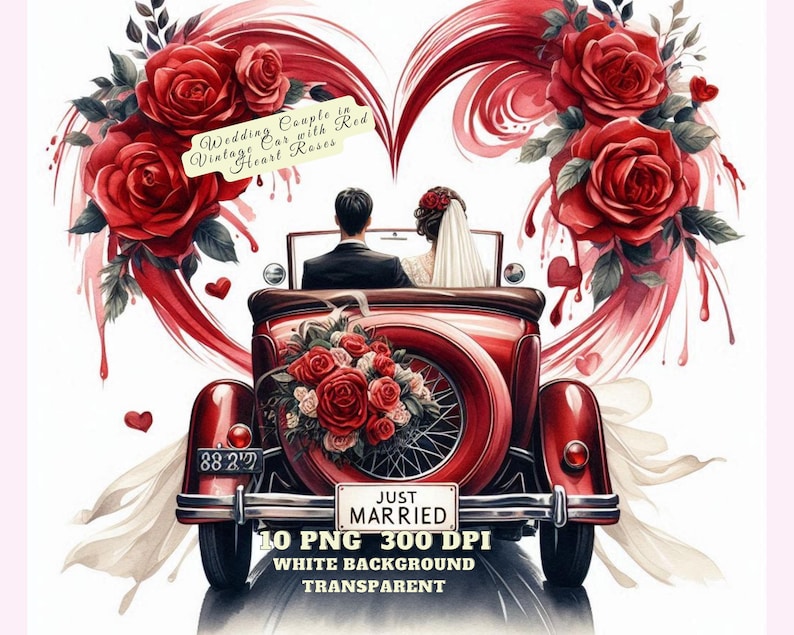 Bride and Groom in Just Married Wedding Car Clipart, Wedding Couple in ...
