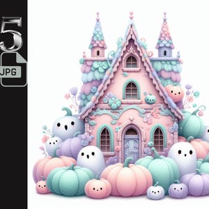 5 Pastelowych Uroczych Upiornych Nawiedzonych Domów Clipart - Halloween Clipart, Uroczy Nawiedzony Dom Sztuka, Upiorny Dom JPG, Pobieranie Cyfrowe, Dekoracja Halloween