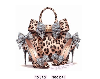 May include: Illustration of a leopard print handbag with a gold chain and bow embellishments, paired with matching high heels. The heels and handbag feature sparkling crystal bows. Text at the bottom reads "Leopard Luxury Bag and Heels Clipart".