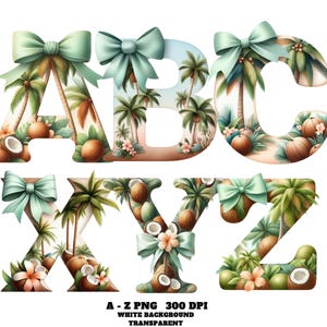 Tropical Coconut Alphabet Clipart, Coconut Tree Alphabet PNG, Fruity Alphabet Clipart A–Z PNG, Watercolor Fruit Letters, Tropical Fruit Font