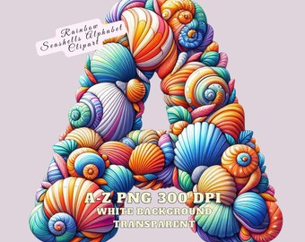 Alphabet Clipart, Rainbow Seashell Alphabet Watercolor Clipart, Ocean-themed Letters A-Z, Summer Alphabet Clipart Marine Digital Letters PNG