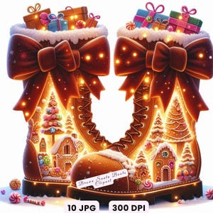 クリスマスグラフィック、クリスマスサンタクロースクリップアート、ネオンブラウンサンタブーツクリップアート水彩画クリスマス冬景色、工芸品装飾ジャーナル用