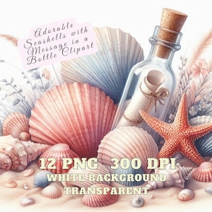 Clipart de conchas de acuarela, 12 adorables conchas marinas con mensaje en una botella, ilustración de conchas marinas bajo el agua en la playa, PNG de alta calidad