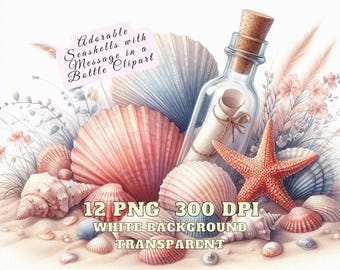 Aquarel schelpen clipart, 12 schattige schelpen met bericht in een fles clipart schelp onderwater strand illustratie hoge kwaliteit, png