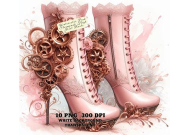 Watercolor Pink Steampunk High Heel Boots Clipart PNG – Vintage Boots PNG, Steampunk Art PNG, Digital Download, Junk Journal, Commercial Use