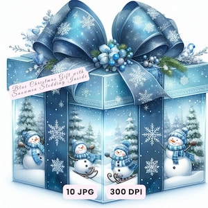 May include: A blue Christmas gift box with a large bow and snowflake details. The box features a winter scene with snowmen sledding and the text "Blue Christmas Gift with Snowmen Sledding Inside."