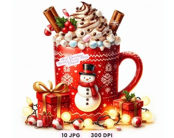Holiday Clipart, 10 Christmas Red Hot Cocoa Mug, Festive Winter Drink, Unique Xmas Art, Digital Download JPG, Crafts, Decor, & Junk Journal