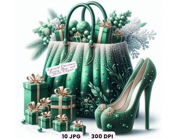 May include: An emerald green handbag, high heels, and gift boxes with gold bows. The handbag is filled with gifts and decorative elements. The image includes the text "Emerald Christmas Luxury Bag and Heels Clipart".