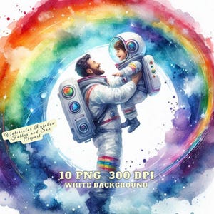 Clipart de padre e hijo con arcoíris en acuarela, clipart de padre e hijo astronauta con arcoíris, imágenes del Día del Padre feliz, PNG de papá y niño para uso comercial