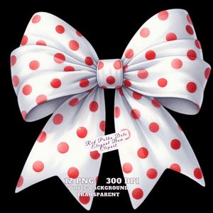 May include: A large white bow with red polka dots. The bow has a classic shape with multiple loops and tails. The image includes the text "Red Polka Dots Elegant Bow Clipart", "12 PNG", "300 DPI", "White Background", and "Transparent".