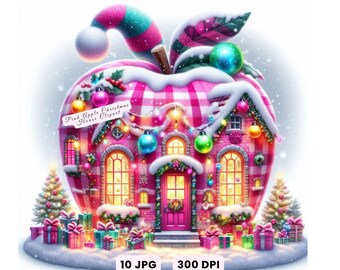 Christmas House Clipart, Pink Apple Christmas House Clipart, Whimsical Holiday Watercolor JPG, Digital Download, Crafts, Decor, Junk Journal