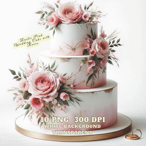 Clipart de gâteau de mariage rose rustique, adorable gâteau de mariage rose avec des roses et une bague mariage PNG Design faire-part de mariage fond Transparent