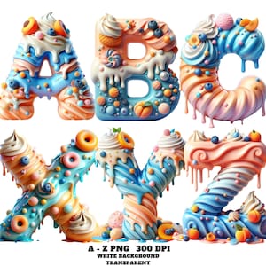 Alphabet Clipart PNG – Peach Blueberry Ice Cream Letters A–Z, Melting Dessert Font, Cute Pastel Alphabet, Glossy Candy Letters, 3D Food Font